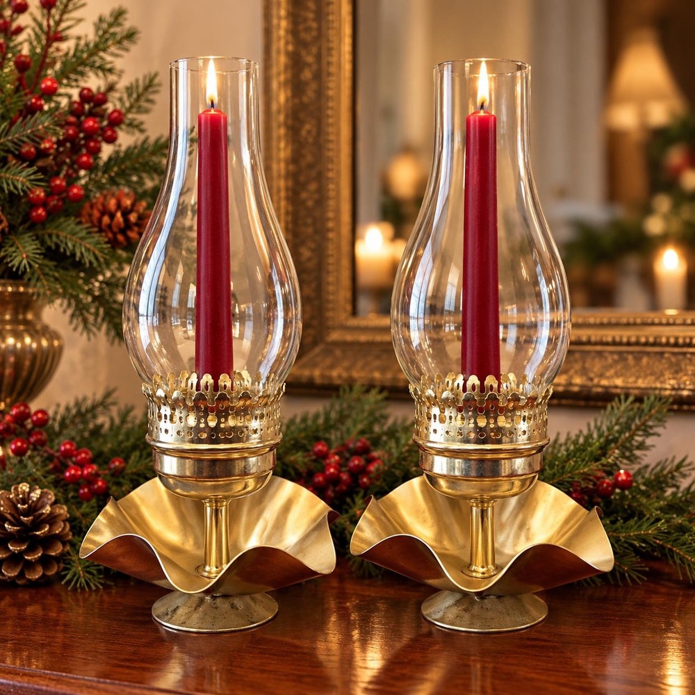 Brass Hurricane Candle Holders Pair Glass Chimneys Christmas Colonial Decor vtg